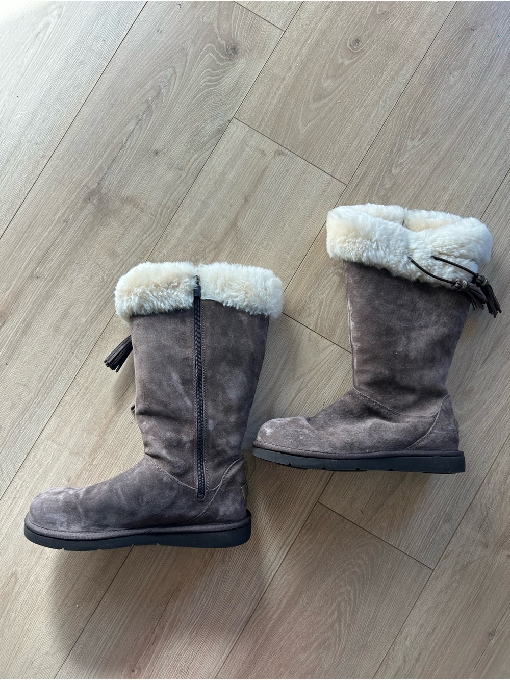 UGG Taupe Suede Mid-Calf Shearling-Lined Boots with Tassel